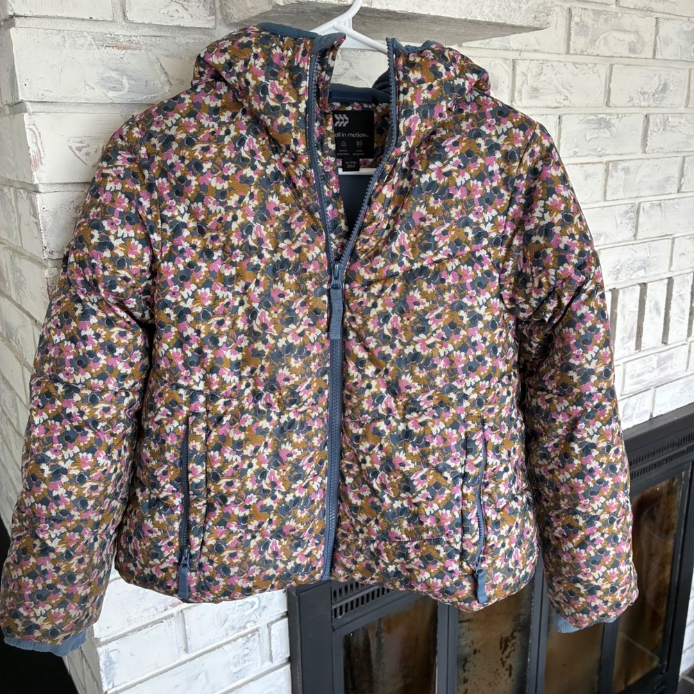 All in Motion Girls Floral Puffer Jacket Water Resistant Blue Fleece Lined M 7/8
